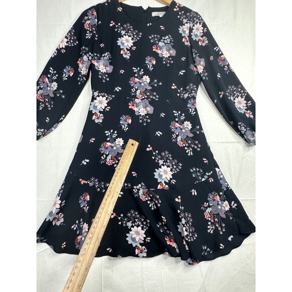 Loft Floral Flounce Long Sleeve Dress size 0P Black‎ AS IS - Picture 4 of 9